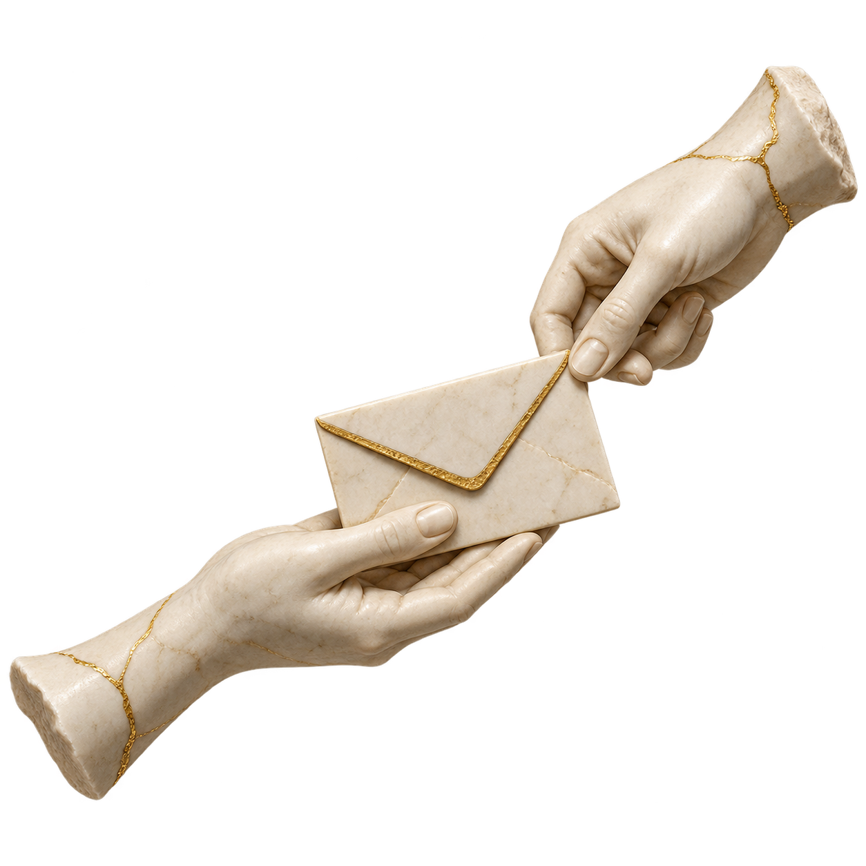 Two ivory marble hands exchanging a letter with gold detailing