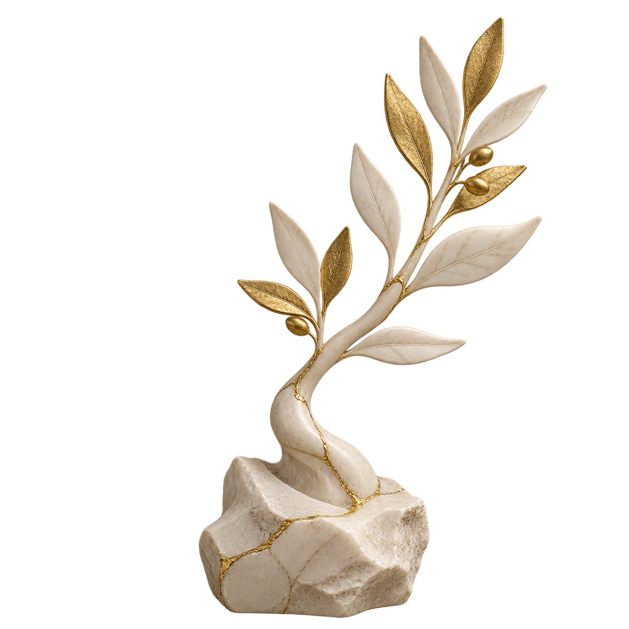 Ivory marble olive branch with gold leaves growing from a carved stone base