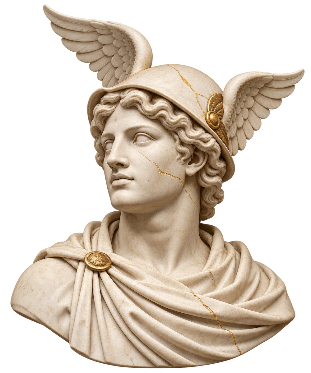 A classical ivory marble portrait of Hermes with a winged helmet and delicate gold repair seams
